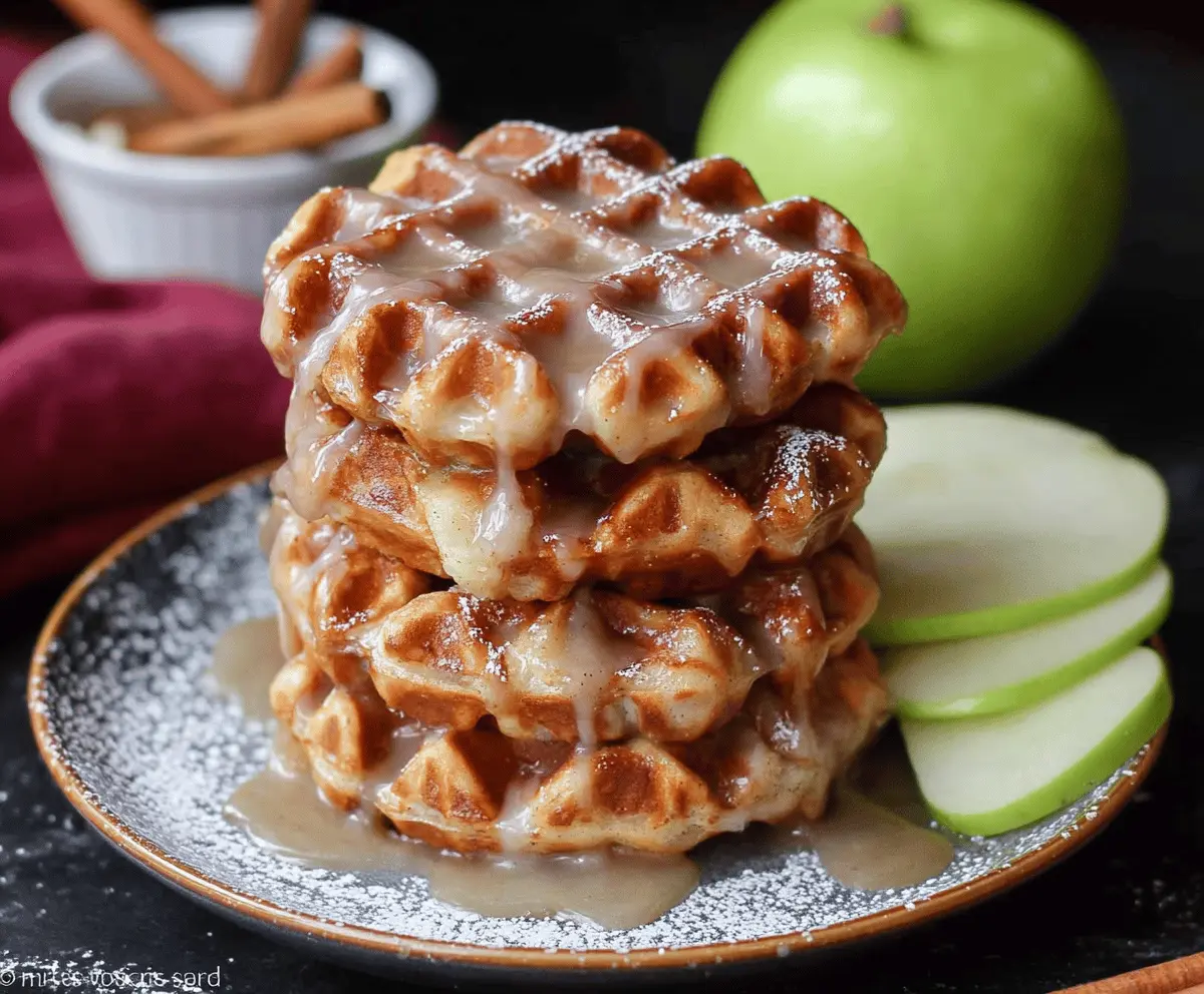 Delicious Apple Fritter Waffle Donuts topped with cinnamon sugar and fresh apple slices