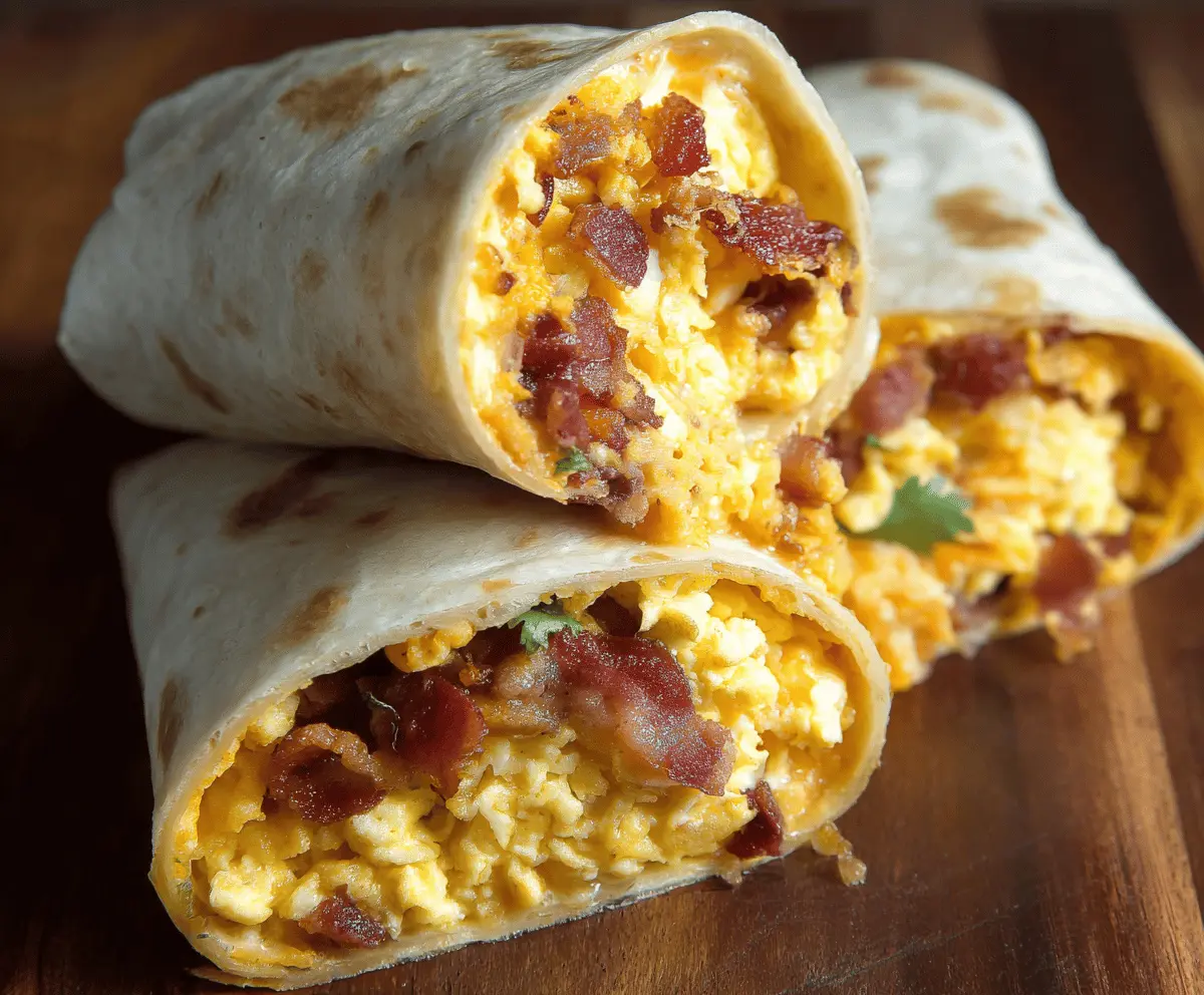 Savory bacon, fluffy eggs, and cheese wrapped in a warm tortilla for a delicious bacon egg burrito.