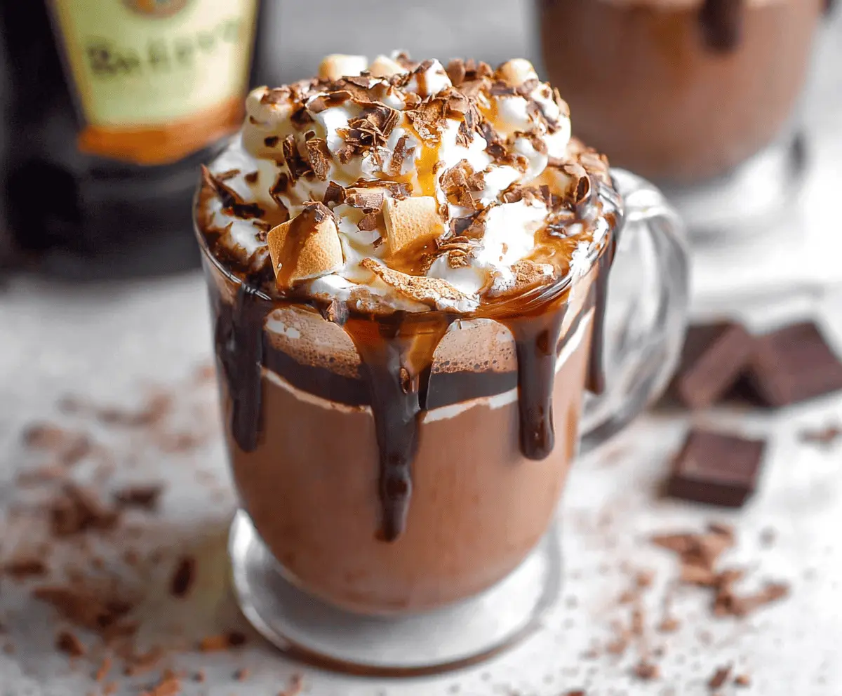 Creamy Baileys hot chocolate topped with whipped cream and chocolate shavings, perfect for winter evenings.