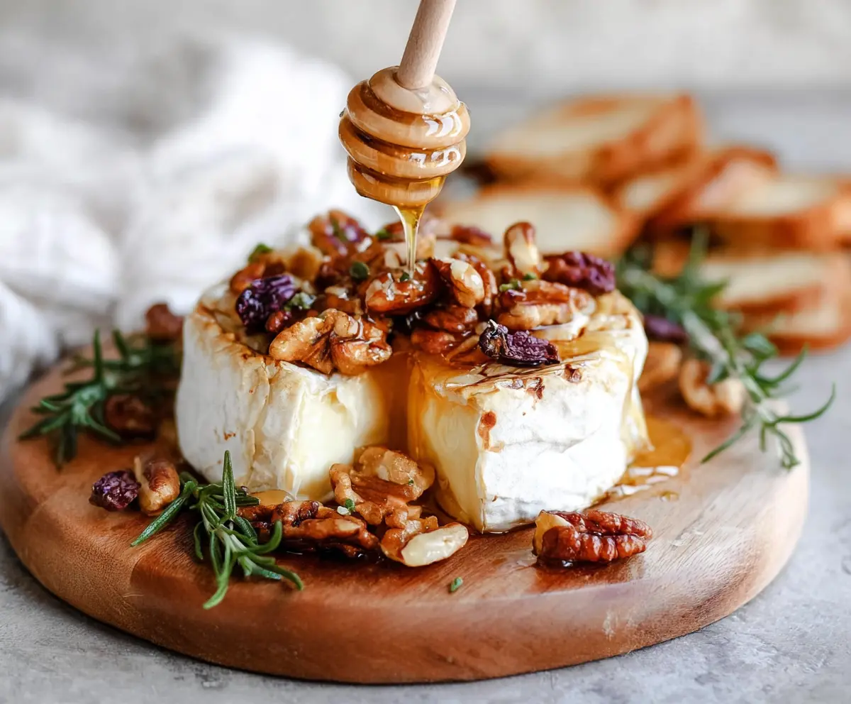 Delicious baked brie cheese topped with honey and mixed nuts, served on a white plate for an elegant appetizer.
