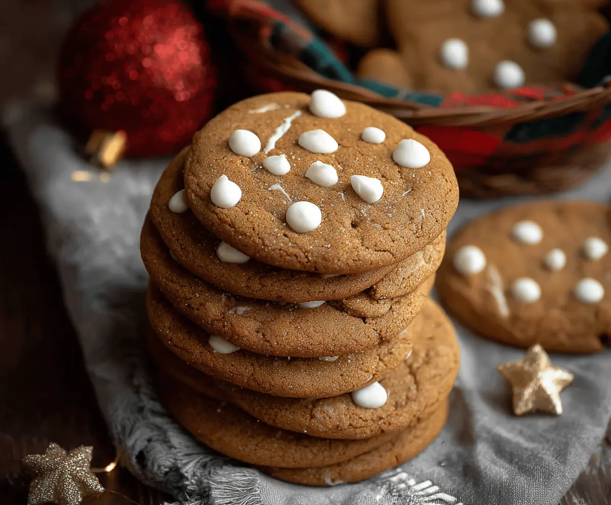 Close-up of freshly baked bakery-style gingerbread cookies with a crispy golden finish and festive holiday appearance.