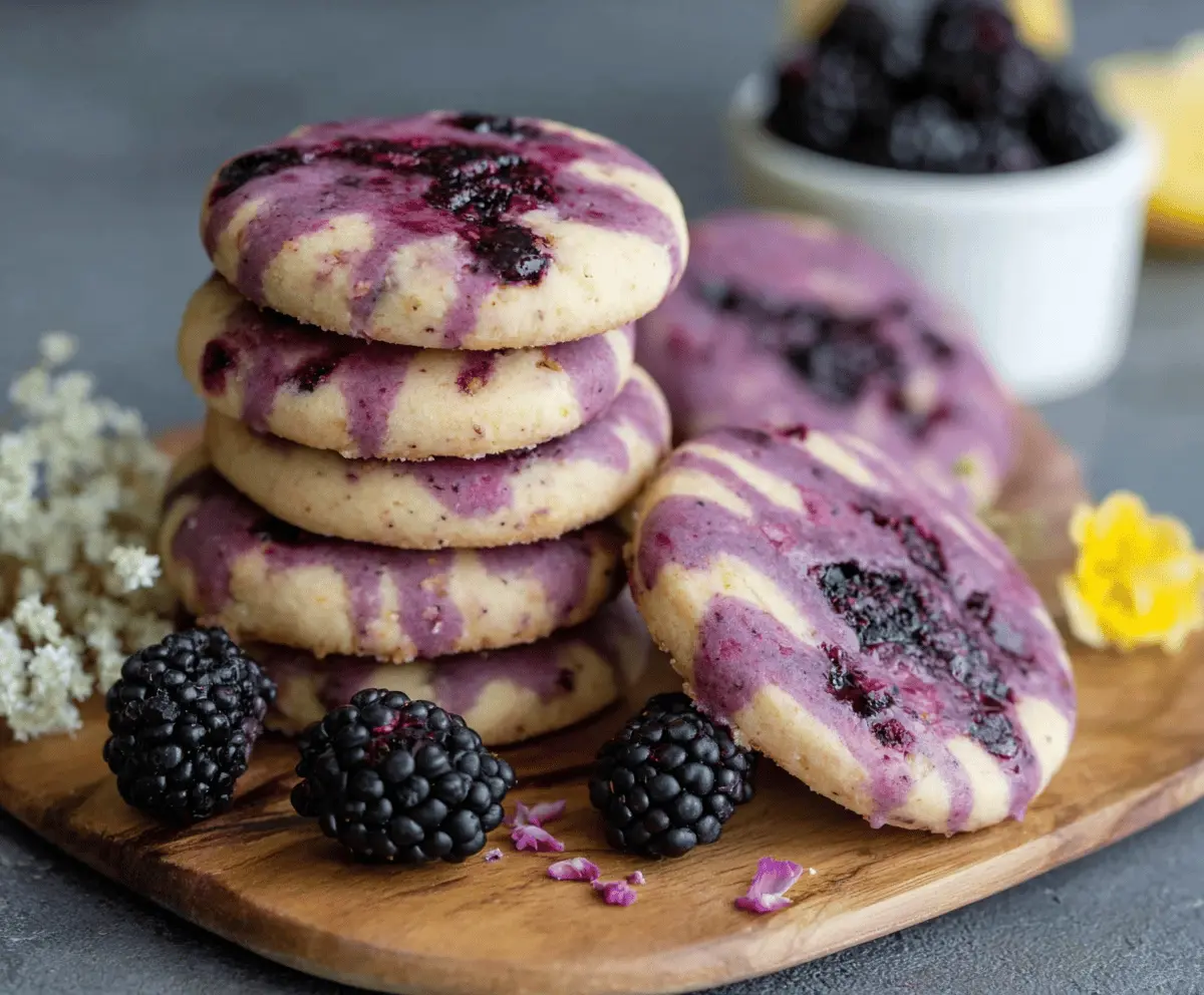 Delicious black raspberry and lemon shortbread cookies on a plate, perfect for dessert or tea time.