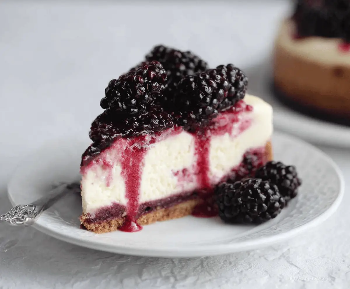 Delicious Blackberry Raspberry Cheesecake topped with fresh berries and creamy cheesecake filling.