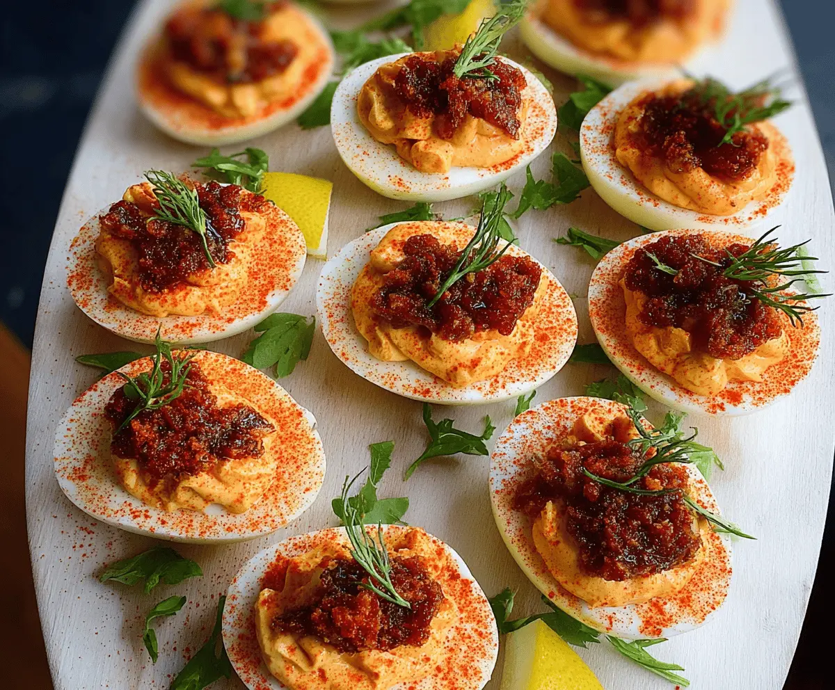 Bloody Mary deviled eggs garnished with celery and pepper for a savory appetizer.
