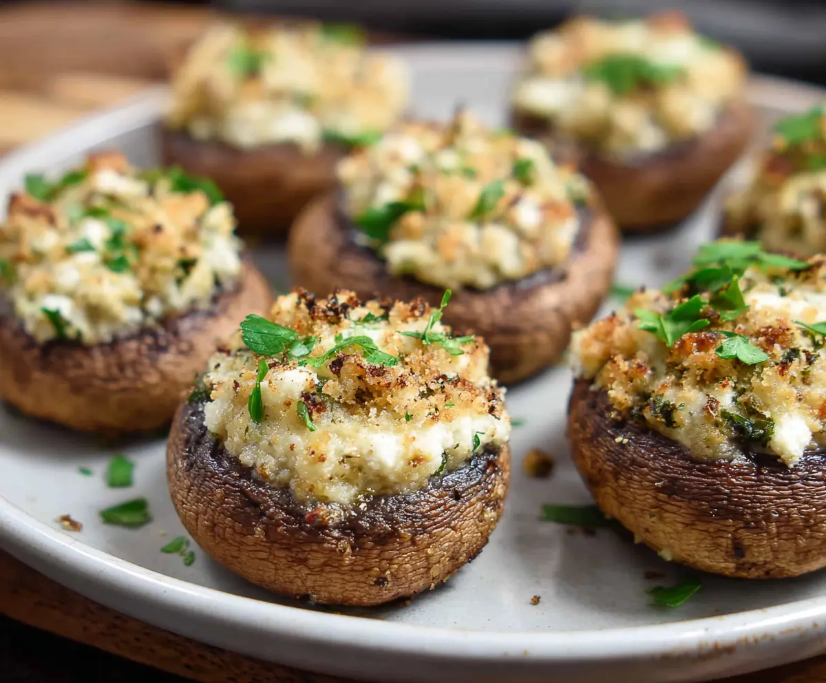 Delicious Boursin stuffed mushrooms appetizer, garnished with herbs