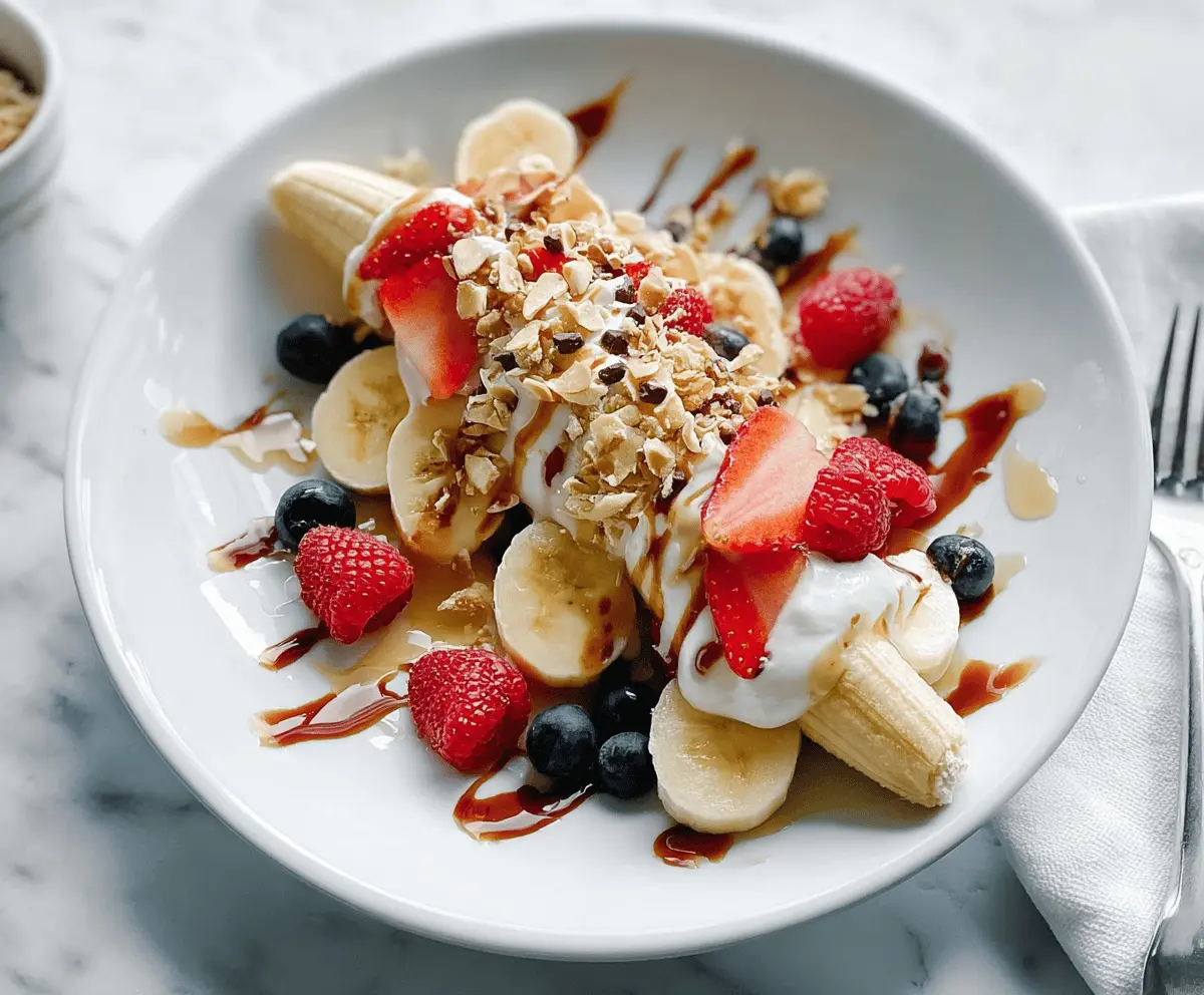 Delicious breakfast banana split with fresh bananas, yogurt, and granola in a colorful bowl.