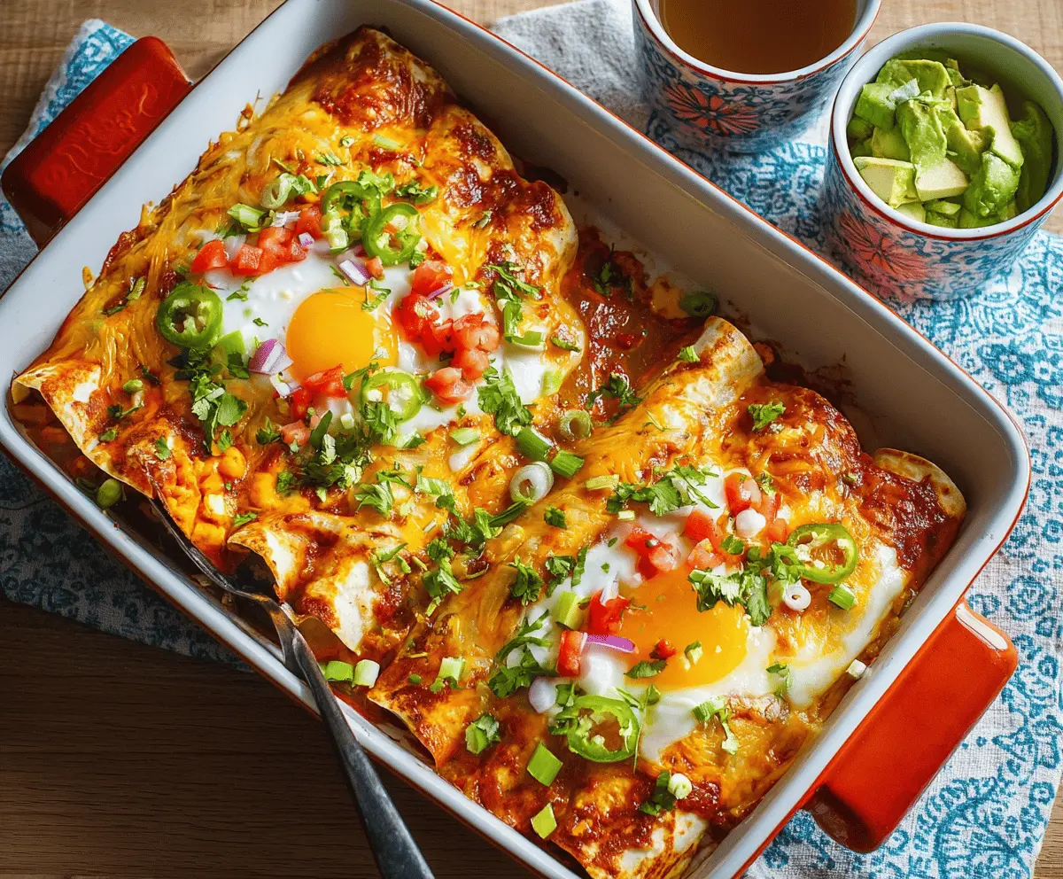 Delicious breakfast enchiladas with melted cheese, eggs, and salsa wrapped in tortillas.