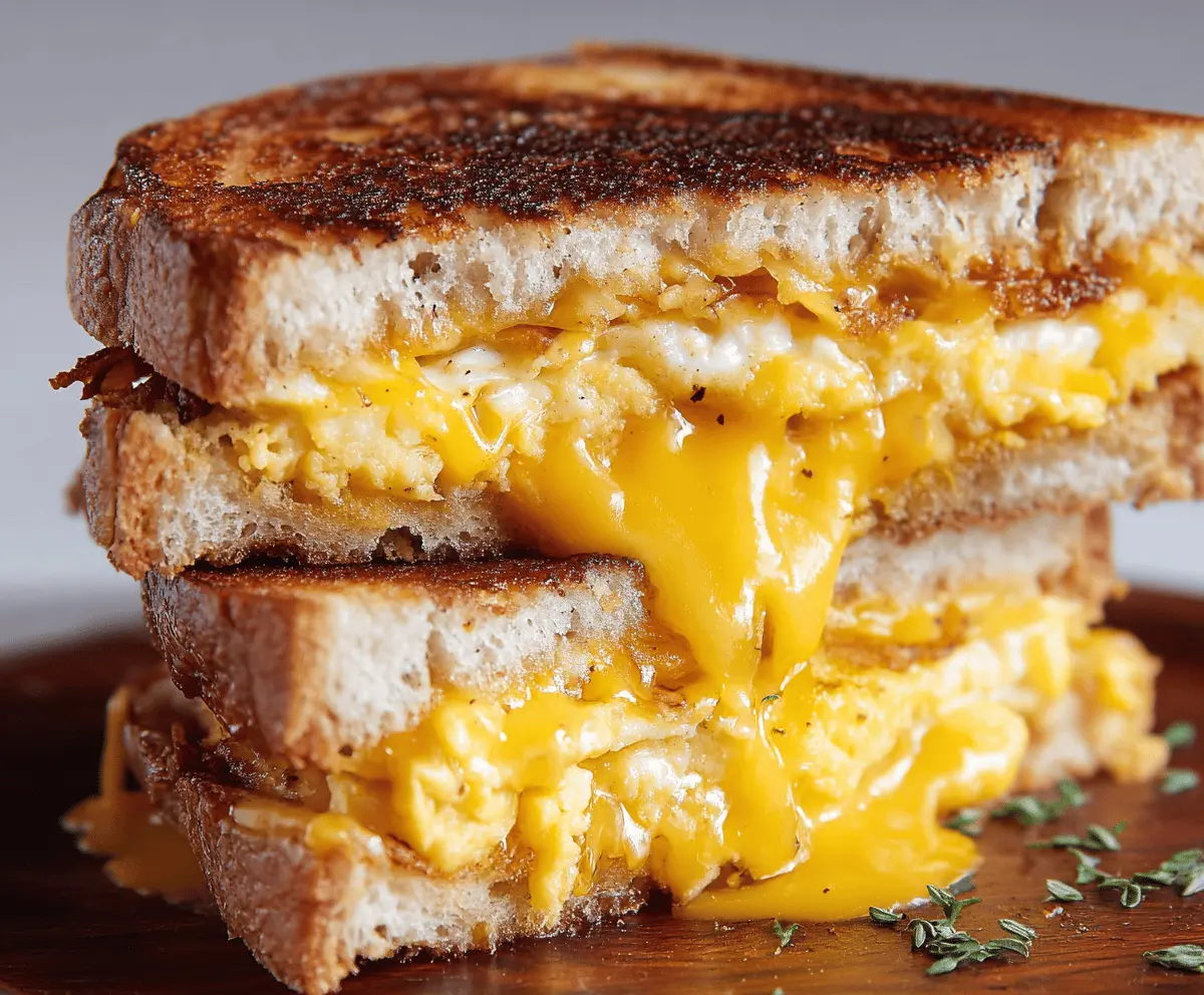 Delicious breakfast grilled cheese sandwich with melted cheese and crispy bread.
