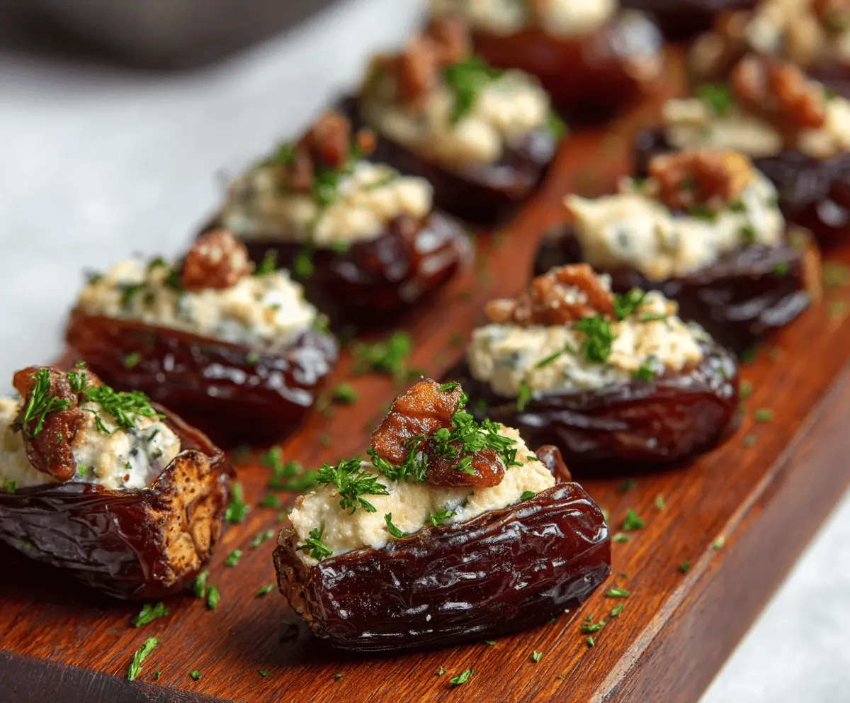 Delicious Brie stuffed dates wrapped in crispy bacon for a savory appetizer.