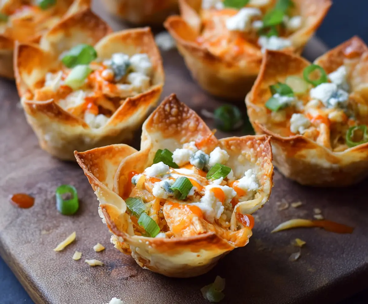 Delicious buffalo chicken stuffed in crispy wonton cups, perfect for appetizers.