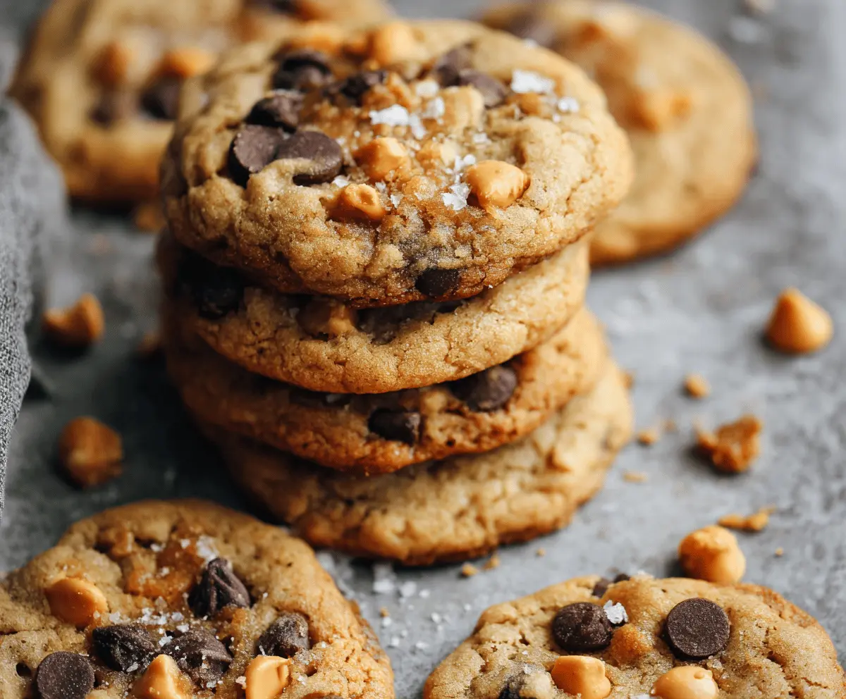 Homemade butterscotch chocolate chip cookies on a baking tray with golden-brown edges.