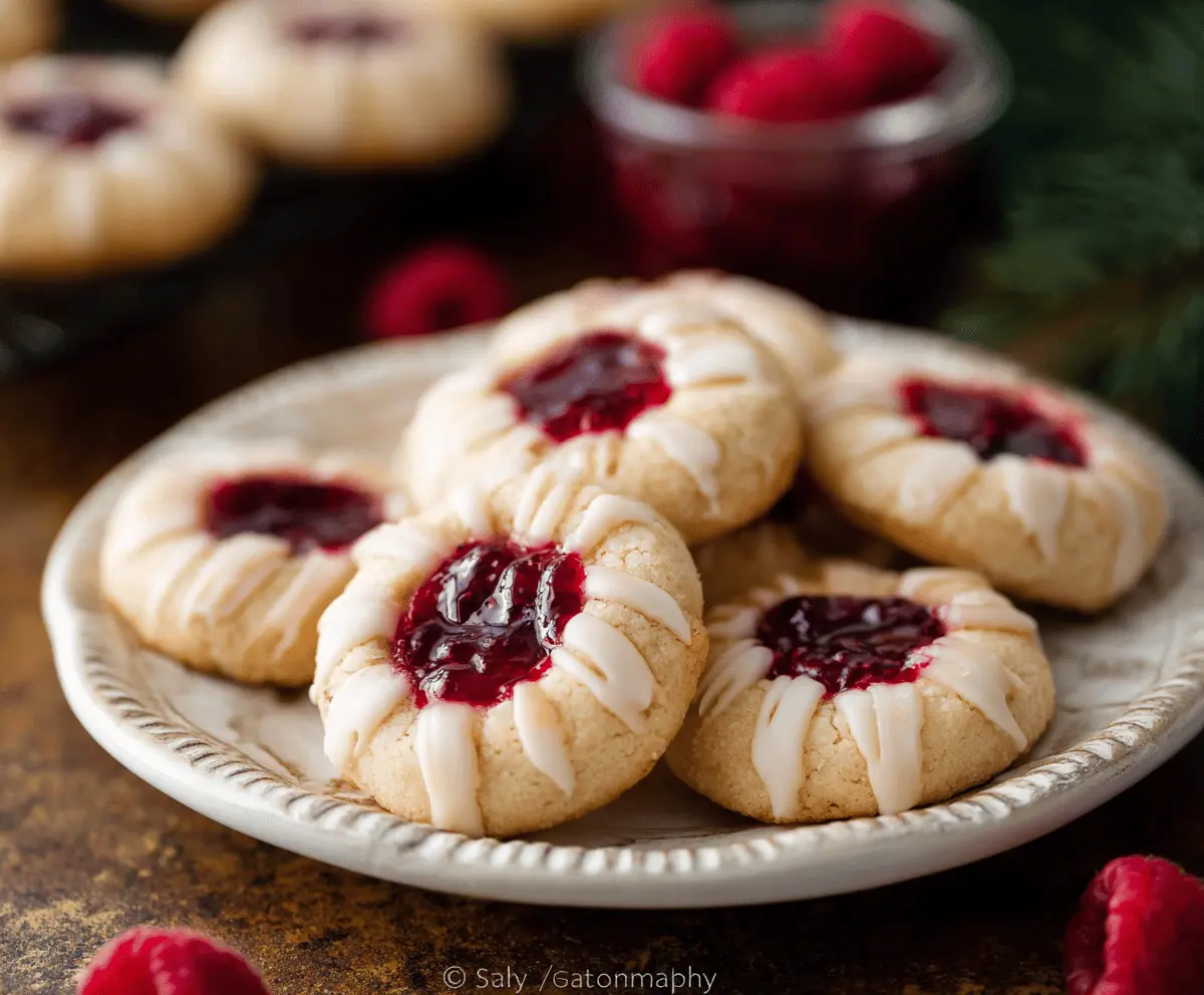 Delicious buttery raspberry jam thumbprint cookies topped with shiny almond glaze.
