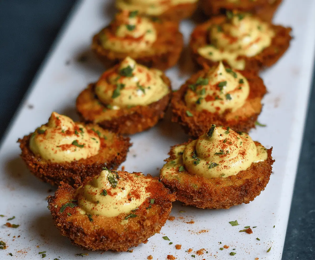 Delicious Cajun Style Fried Deviled Eggs garnished with spices on a rustic plate