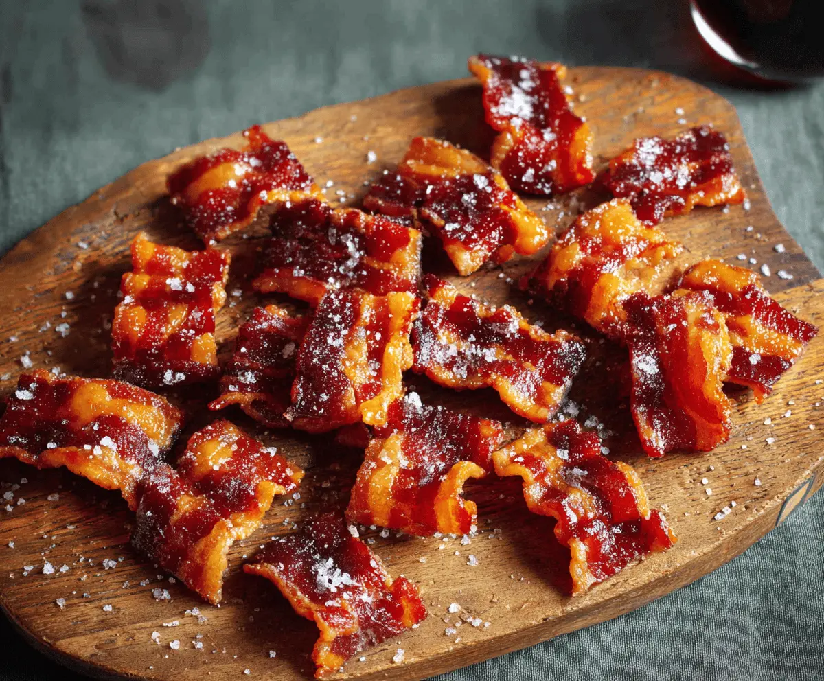 Delicious candied bacon bites with caramelized sugar glaze, perfect as an appetizer or snack.