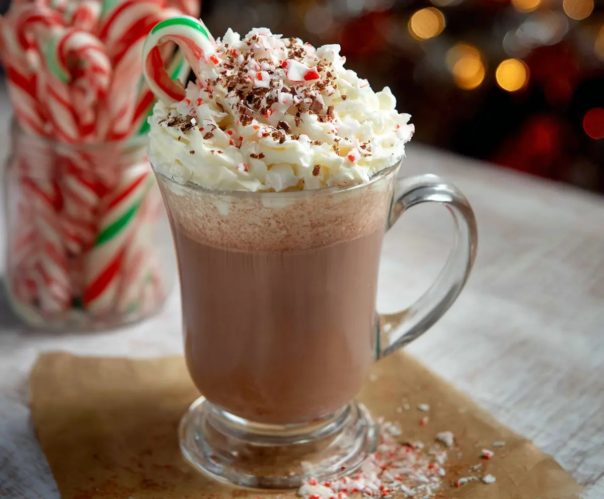 Warm and cozy Candy Cane Hot Chocolate topped with whipped cream and peppermint candies.