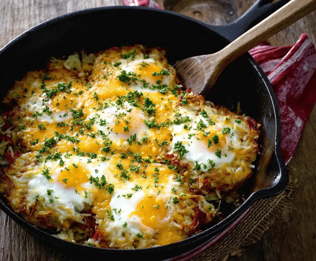 Delicious cheesy egg hash browns topped with melted cheese and crispy potatoes, perfect for breakfast.