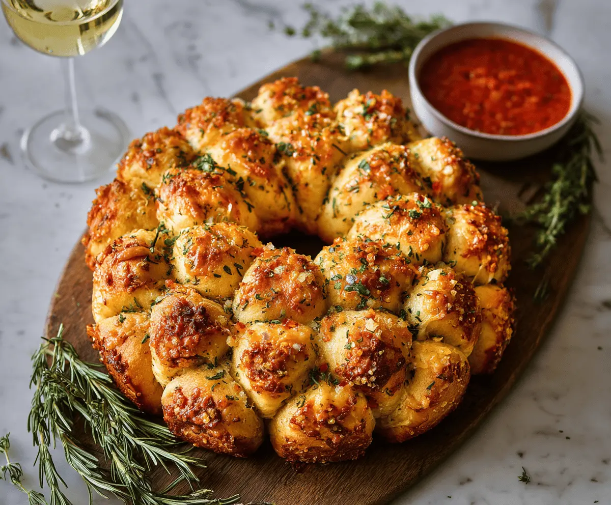 Delicious Cheesy Garlic Pull-Apart Wreath with melted cheese and fresh herbs on a decorative plate