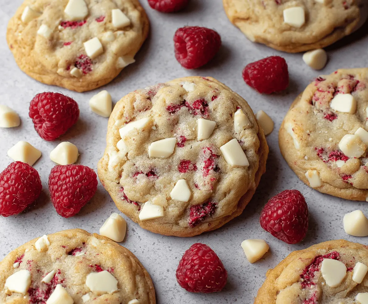 Delicious chewy raspberry white chocolate cookies fresh out of the oven, showcasing vibrant berries and creamy chocolate chunks.