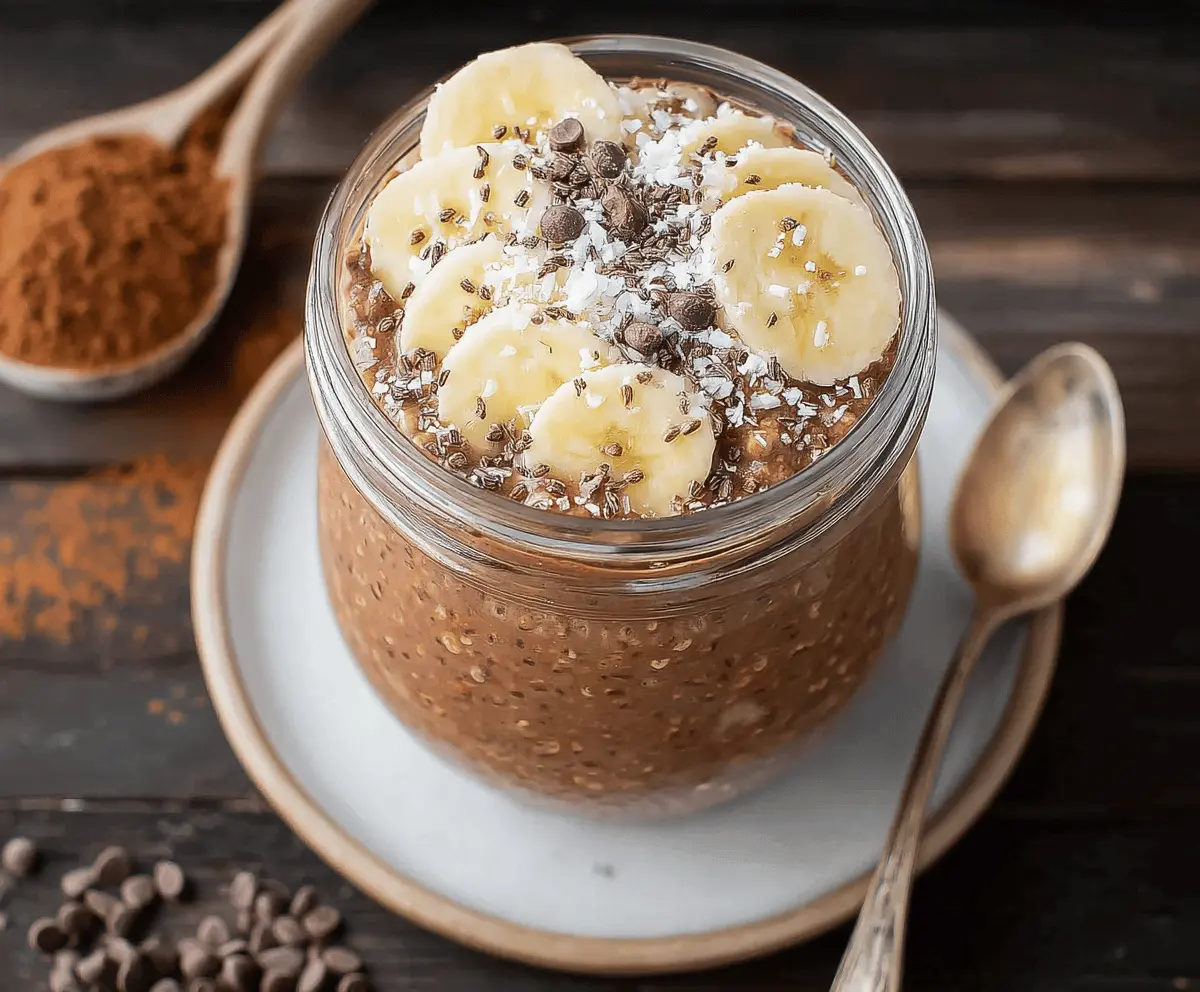 Creamy Chocolate Banana Overnight Oats in a glass jar, topped with sliced bananas and cocoa powder.