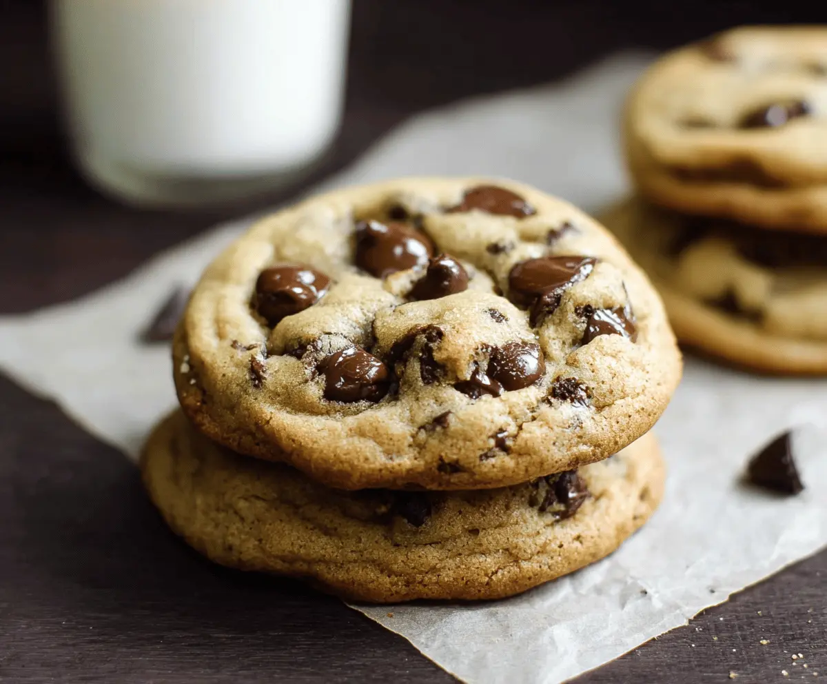 Golden-brown chocolate chip cookies fresh from the oven on a baking sheet.