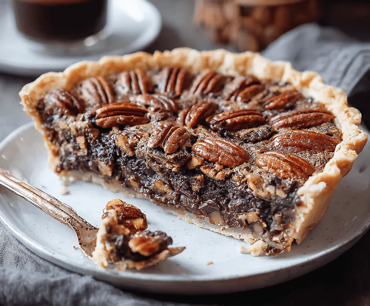 Delicious homemade chocolate pecan pie with a golden crust and rich chocolate filling.
