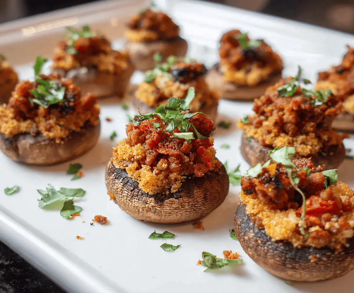 Delicious chorizo stuffed mushrooms served as an appetizer or side dish.