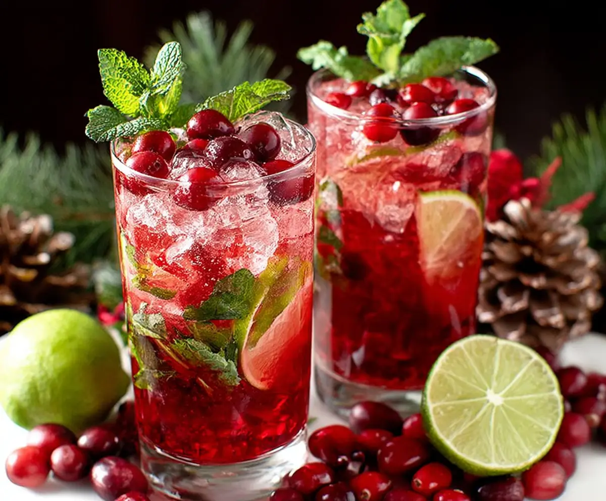 Festive Christmas Cranberry Mojito garnished with fresh mint and cranberries, perfect for holiday celebrations.