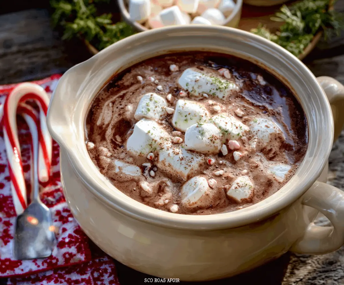 Delicious Christmas Eve Crockpot Hot Chocolate topped with whipped cream and festive sprinkles.