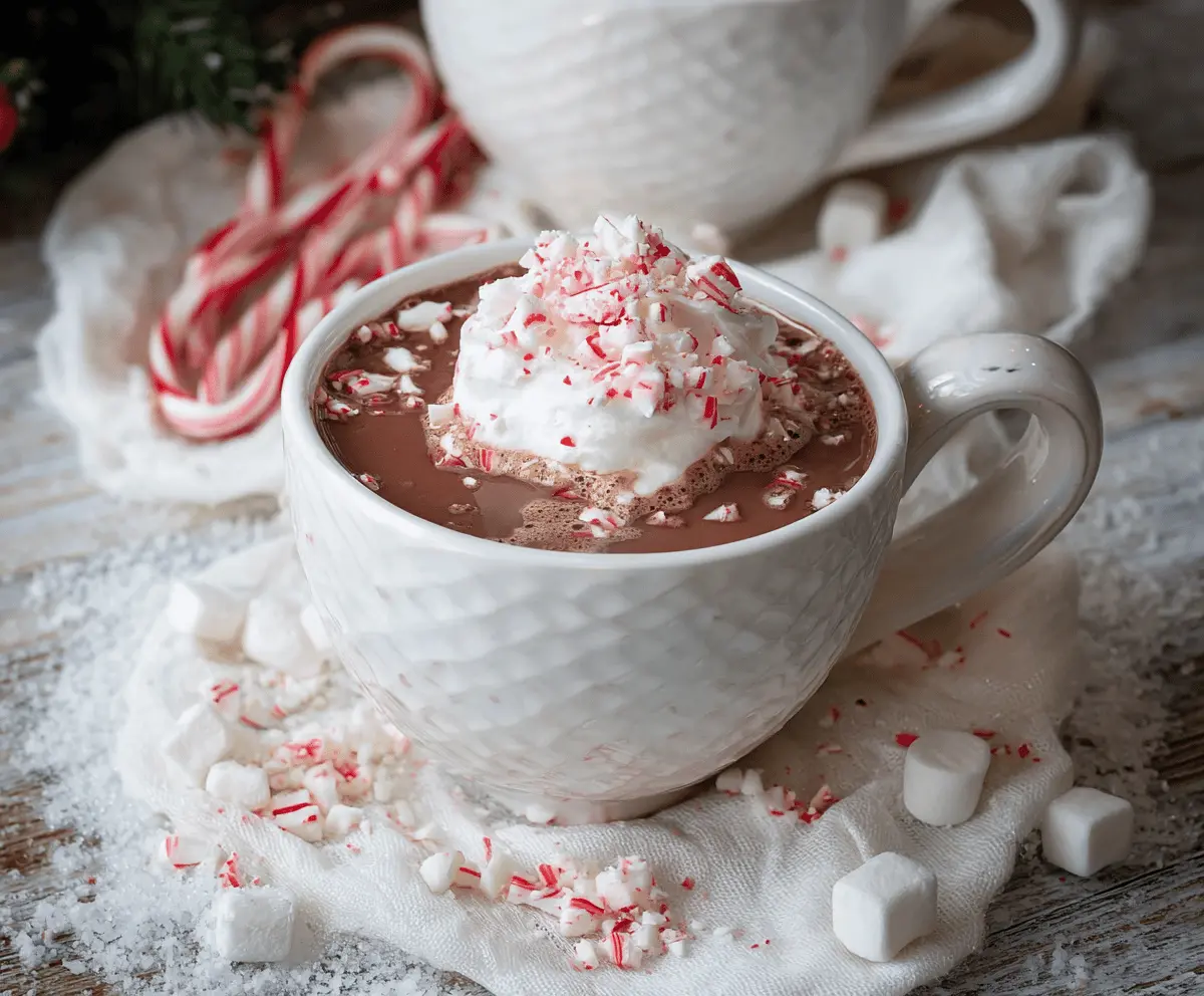 A cozy cup of Christmas Peppermint Hot Chocolate topped with whipped cream and crushed peppermint candies.