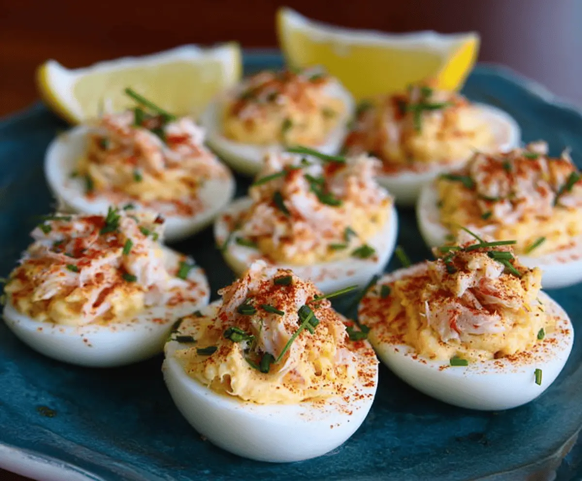 Crab-stuffed deviled eggs garnished with herbs on a white plate, perfect appetizer for special occasions.