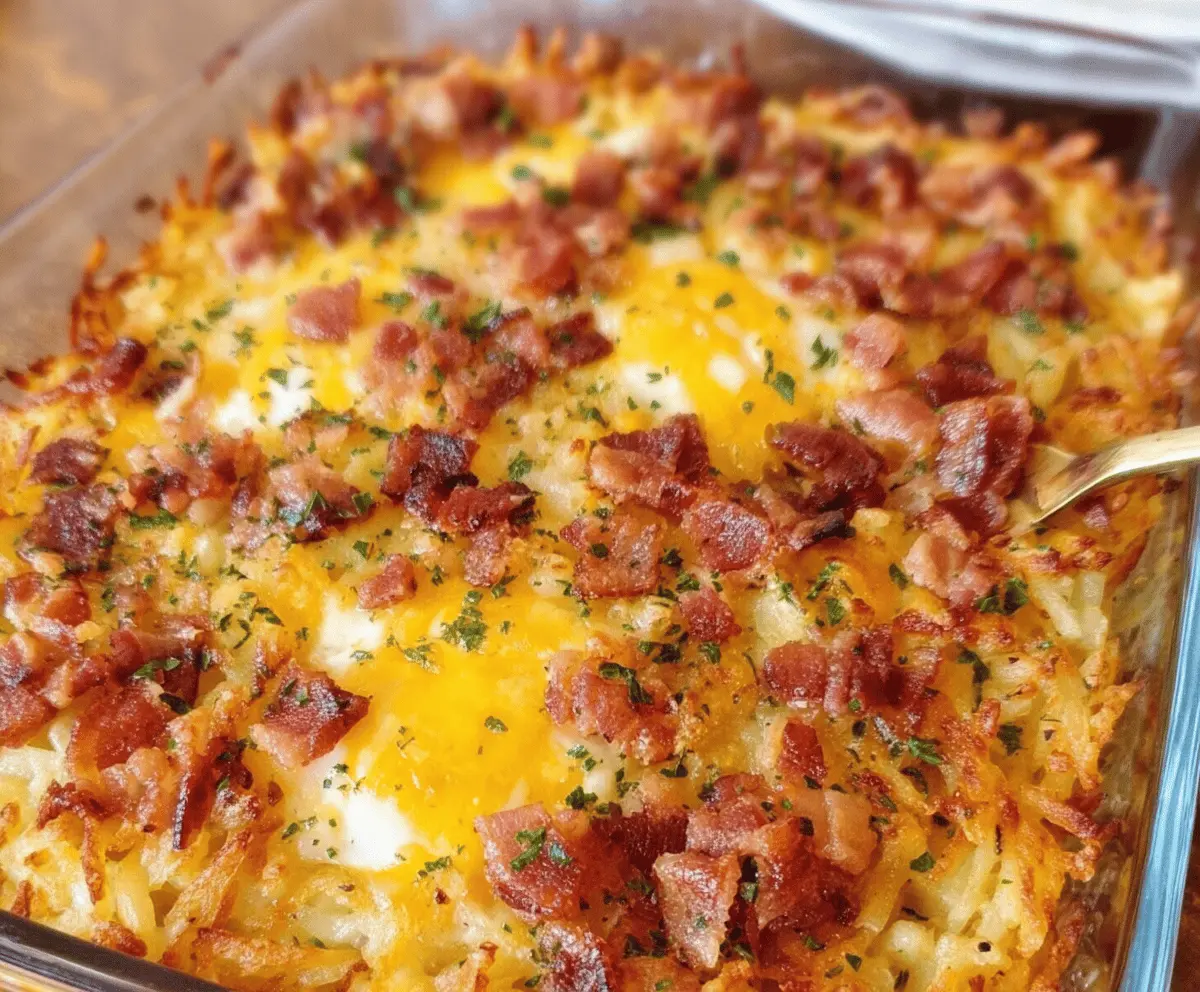 Delicious Crack Breakfast Casserole made with crispy hashbrowns, eggs, cheese, and sausage.