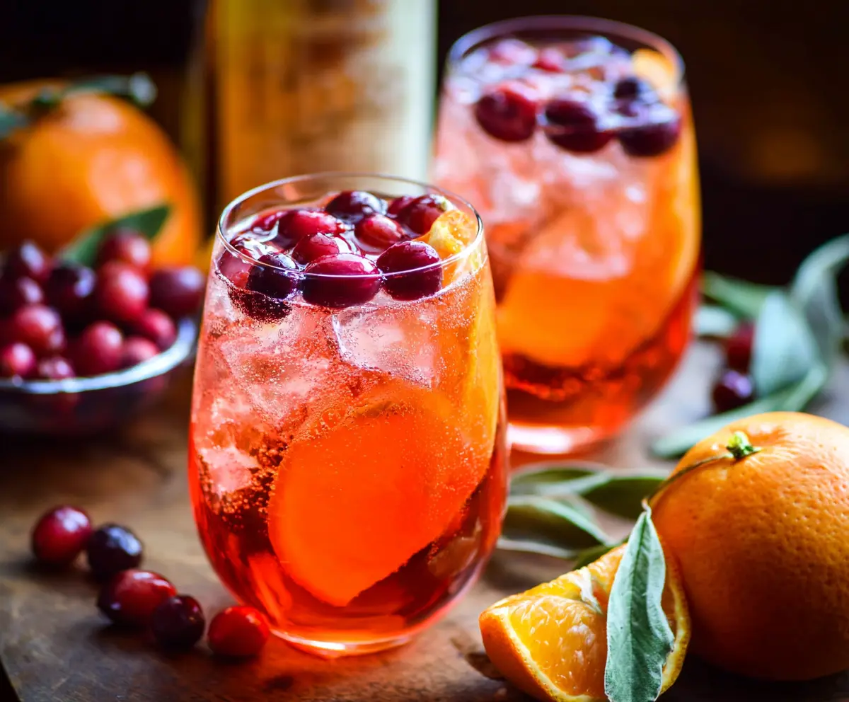 A refreshing cranberry Aperol Spritz cocktail in a clear glass, garnished with fresh cranberries and an orange slice.