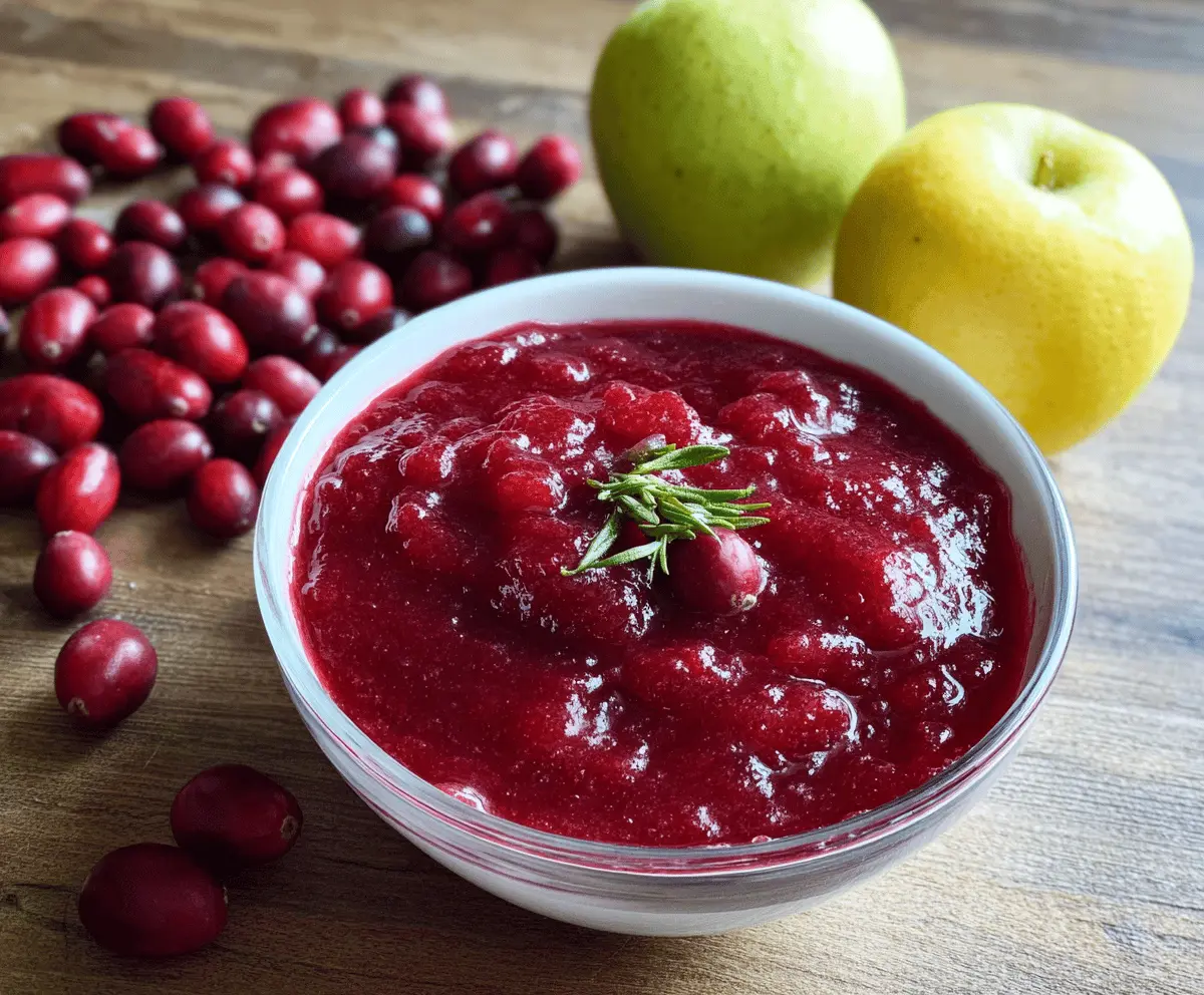 Delicious homemade cranberry apple sauce with fresh cranberries and sliced apples in a glass bowl