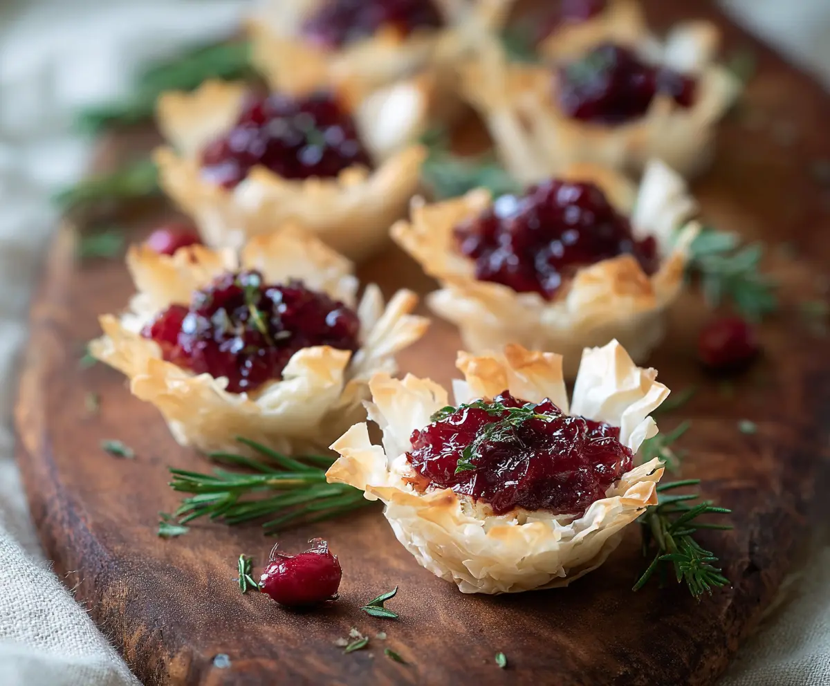 Delicious Cranberry Brie Phyllo Cups garnished with fresh herbs, perfect for appetizer gatherings.