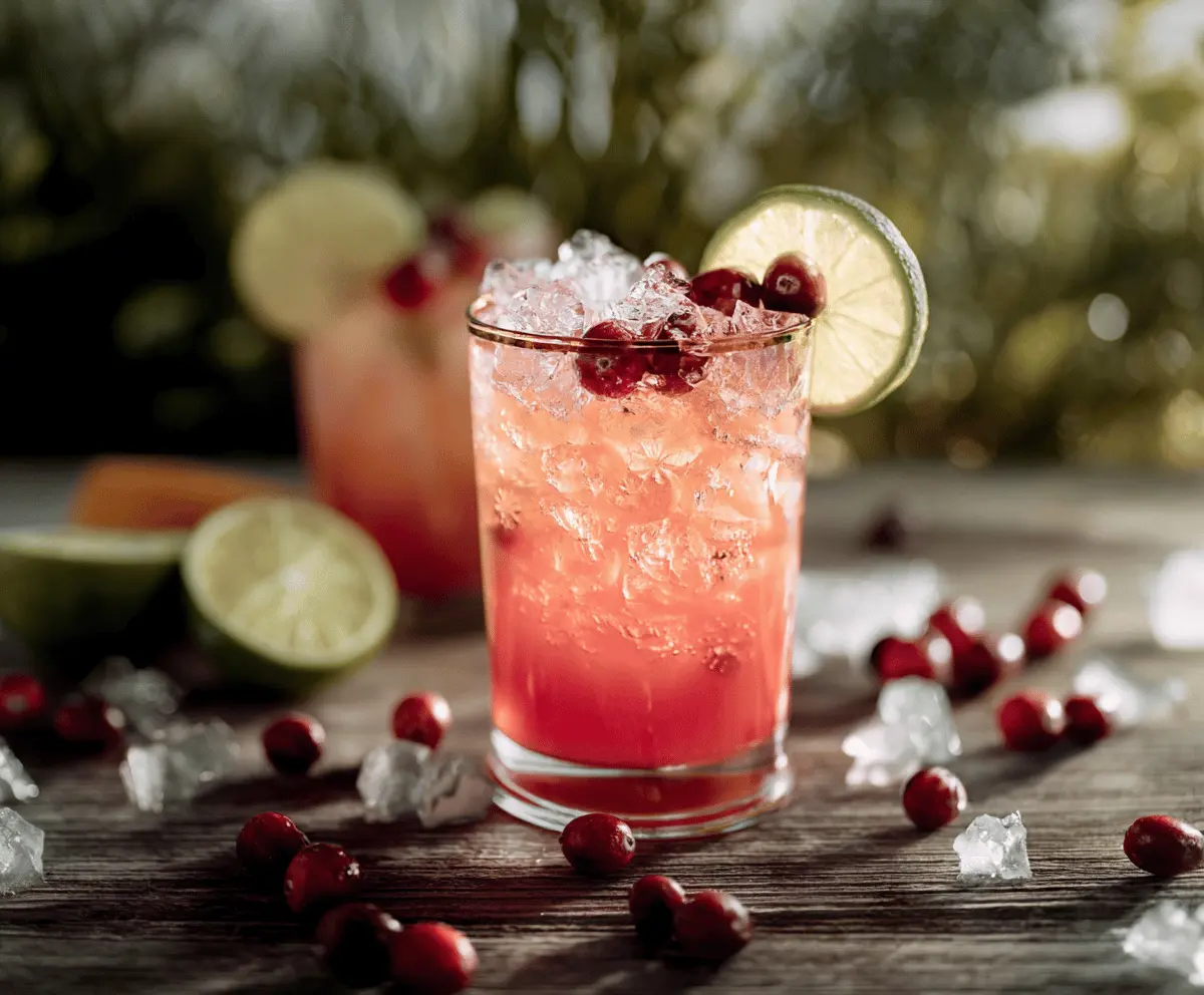 Refreshing Cranberry Ginger Paloma cocktail garnished with fresh cranberries and a slice of ginger.