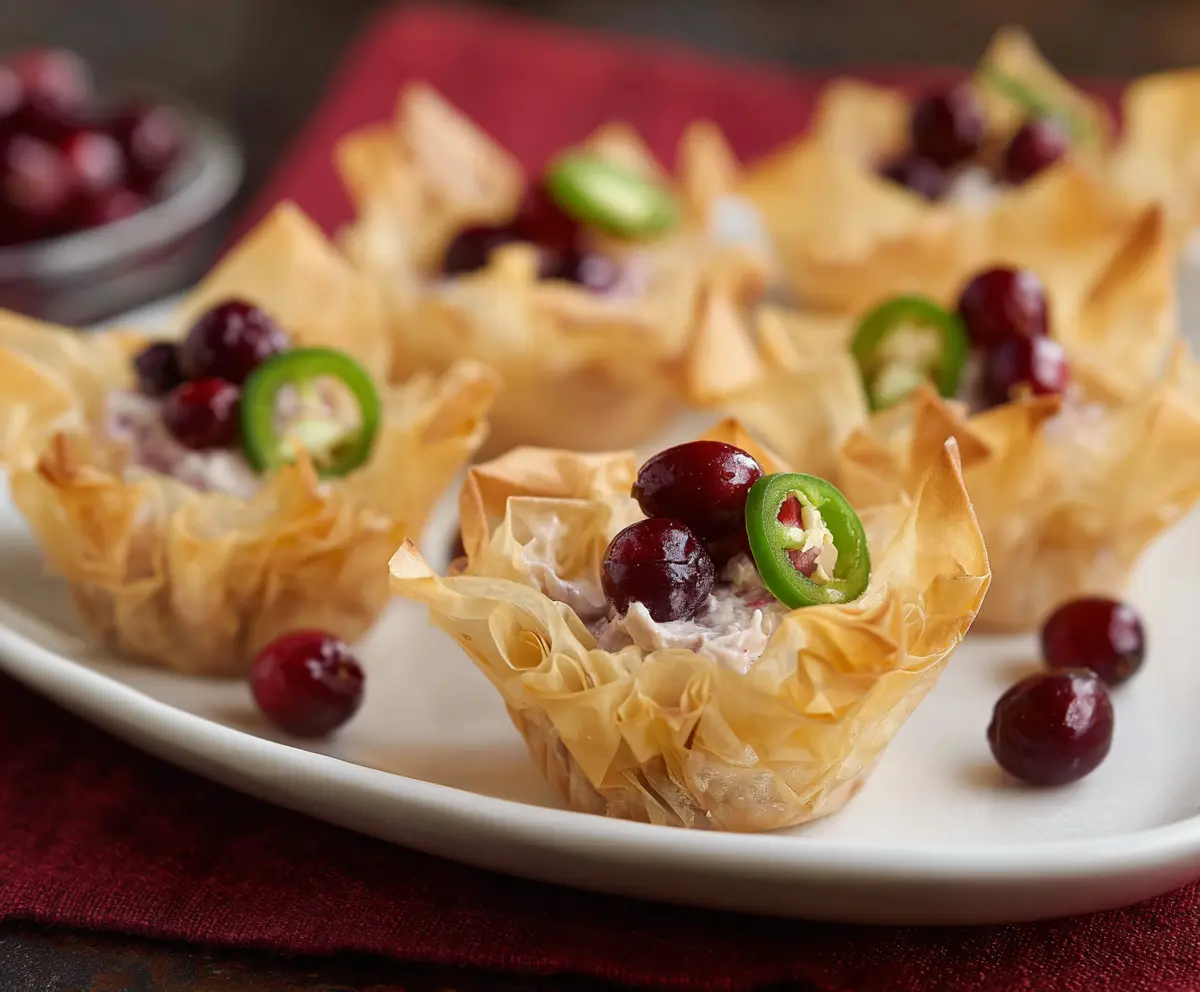 Cranberry Jalapeno Phyllo Cups served on a platter, showcasing a festive appetizer with cranberries and jalapenos in crispy phyllo pastry.