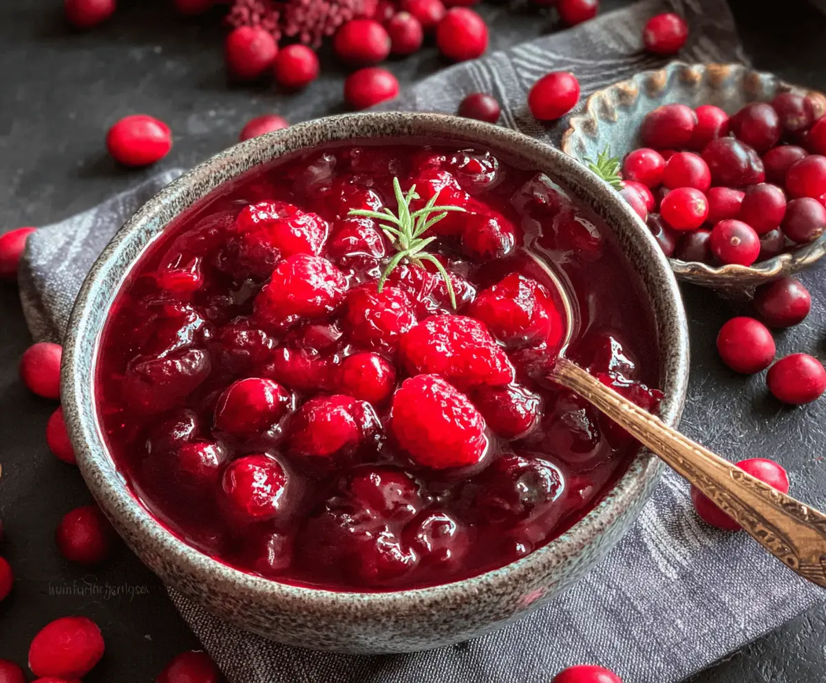 Delicious cranberry raspberry sauce in a bowl, perfect for holiday desserts and dinners.