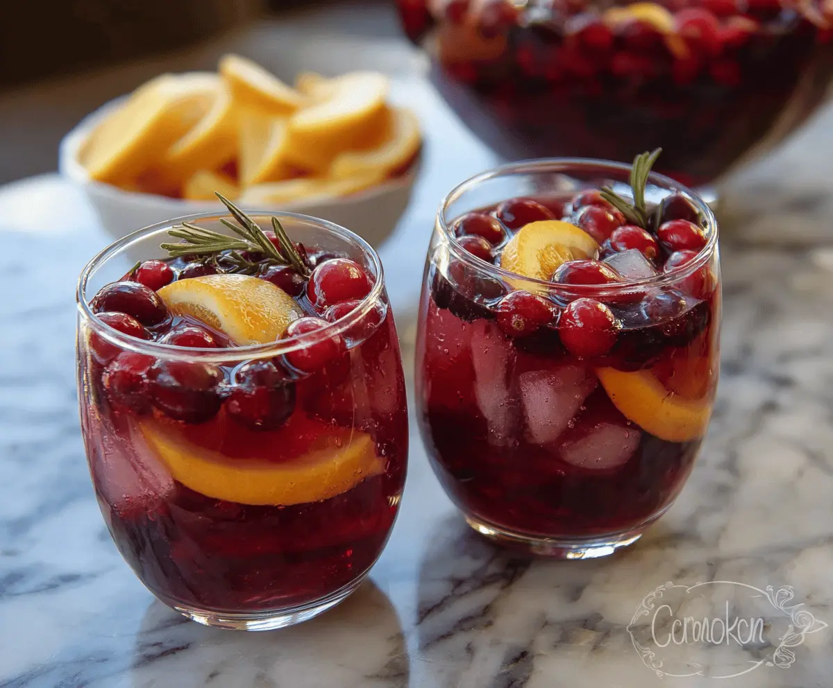 Refreshing Cranberry Sangria in a glass pitcher with fresh cranberries and citrus slices for a festive cocktail.