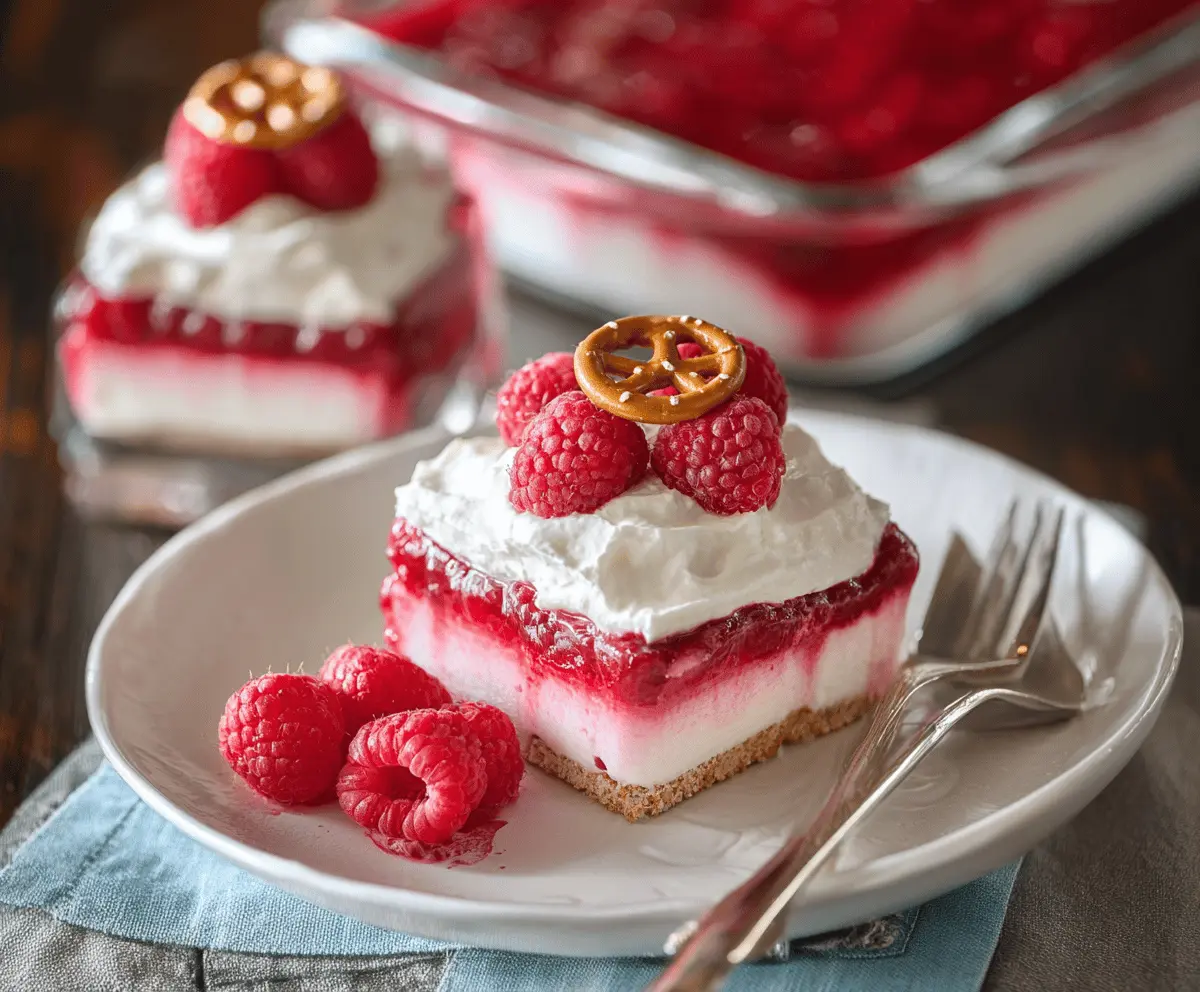 Delicious creamy raspberry pretzel dessert with a smooth topping and crunchy pretzel crust
