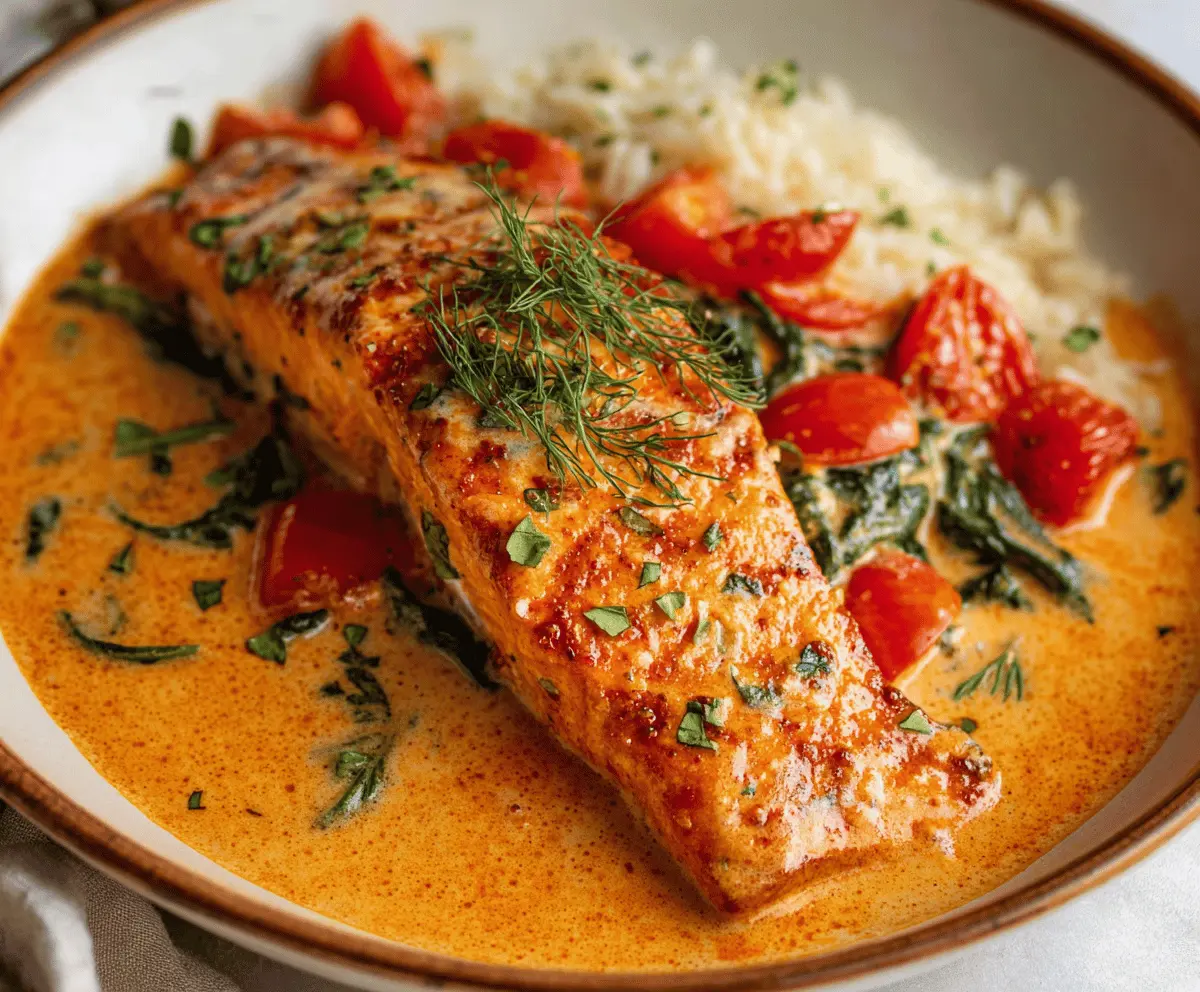 Creamy roasted red pepper salmon dish served on a plate with fresh herbs