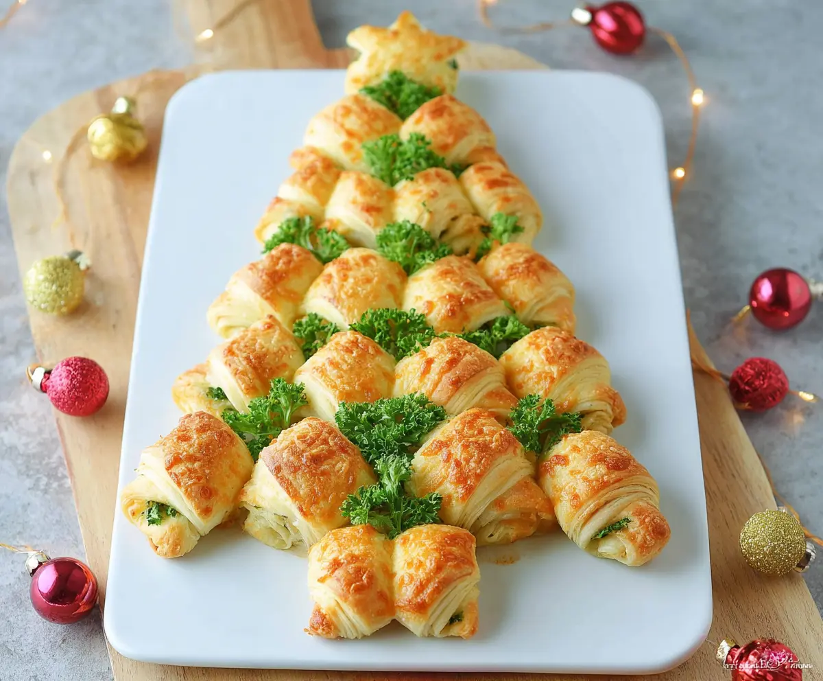 Festive Crescent Roll Christmas Tree with colorful toppings on a holiday serving platter
