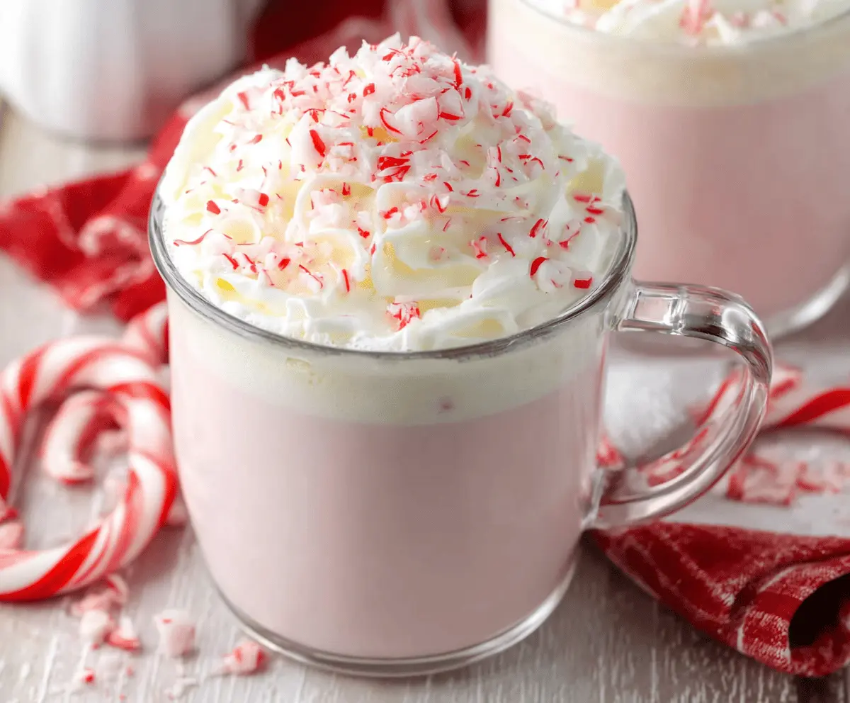 Creamy Crockpot Candy Cane White Hot Chocolate topped with whipped cream and festive peppermint candies.