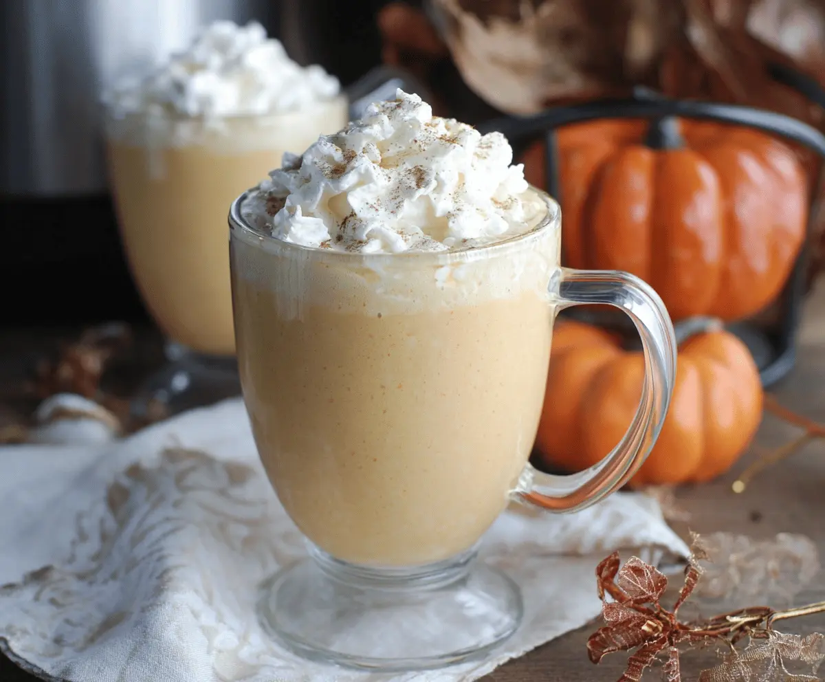 Creamy Crockpot Pumpkin Pie White Hot Chocolate served in a festive mug with whipped cream and pumpkin spice topping.