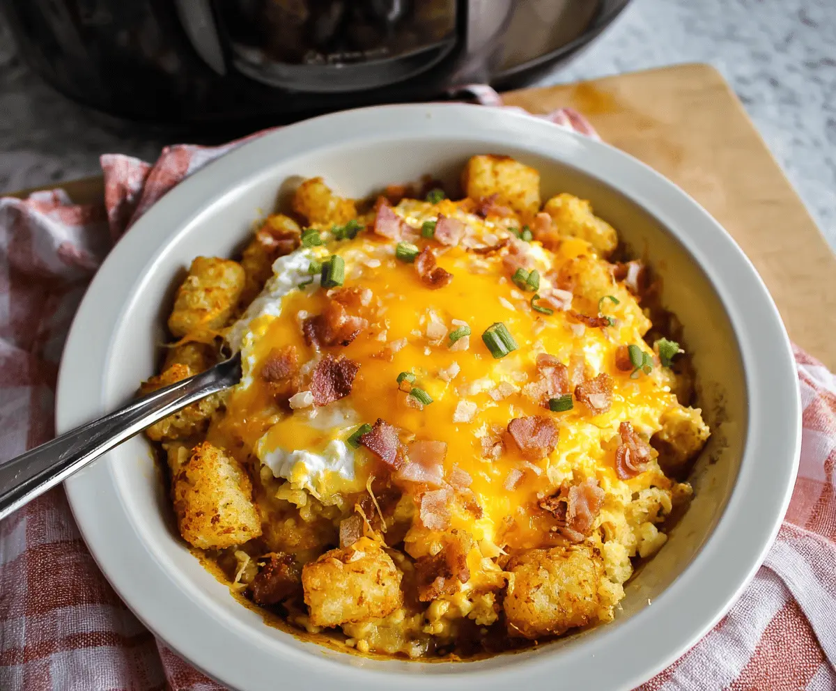 Delicious Crockpot Tater Tot Breakfast Casserole with eggs, cheese, and savory toppings ready to serve.