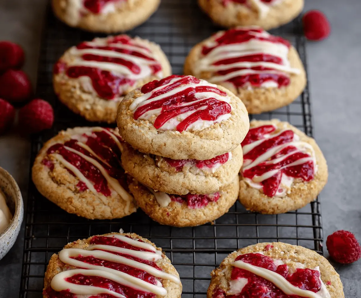 Delicious Crumbl Raspberry Cheesecake Cookies with a crumb topping and fresh raspberries.