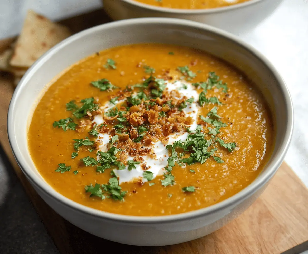 Bowl of creamy curried sweet potato soup garnished with herbs and spices.