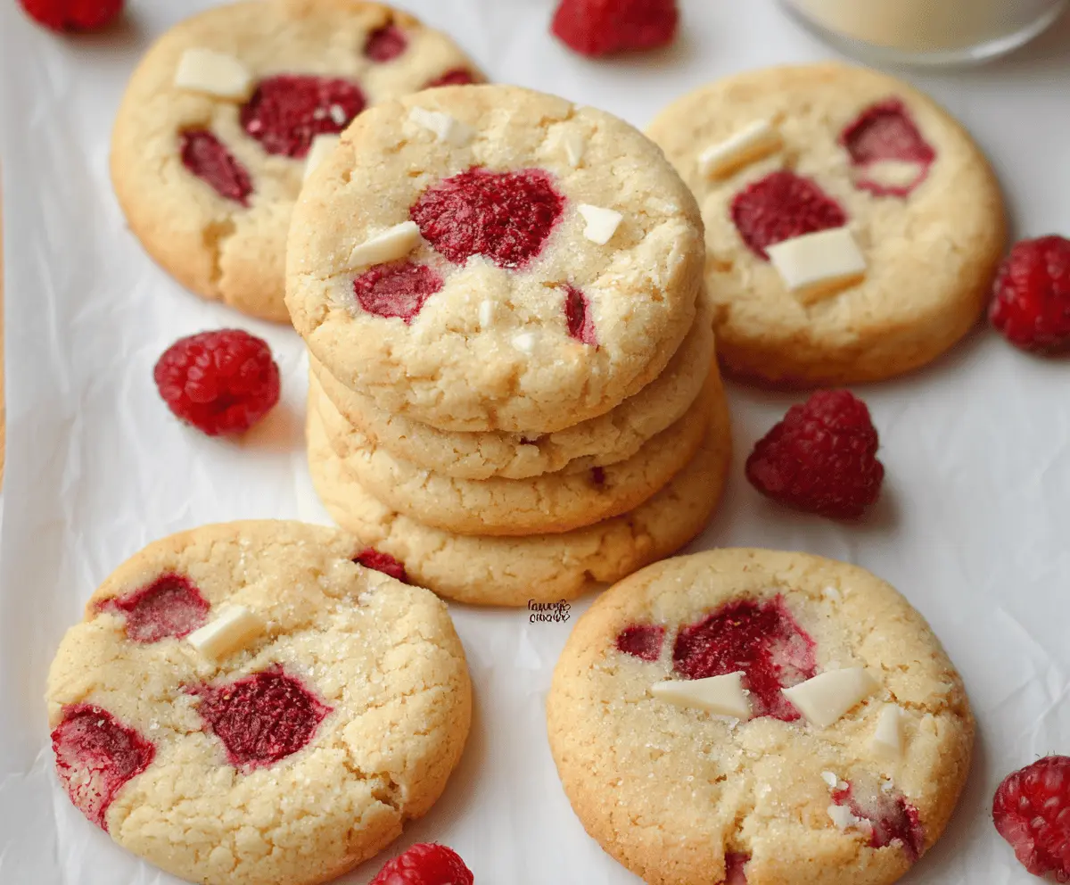 Delicious eggless raspberry cookies on a white plate with fresh raspberries.