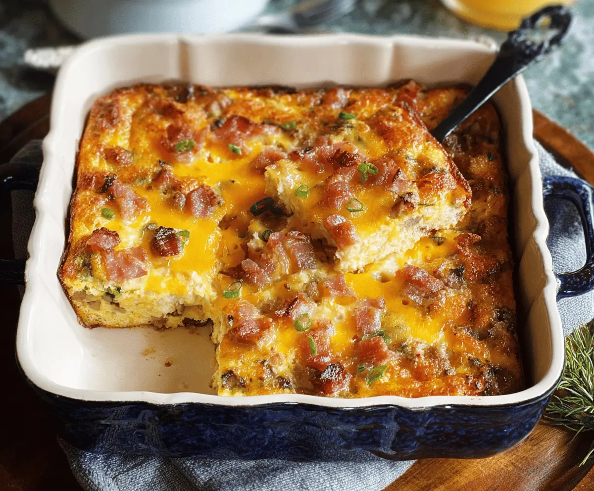 Hearty Farmer's Breakfast Casserole with eggs, sausage, and vegetables in a baking dish.