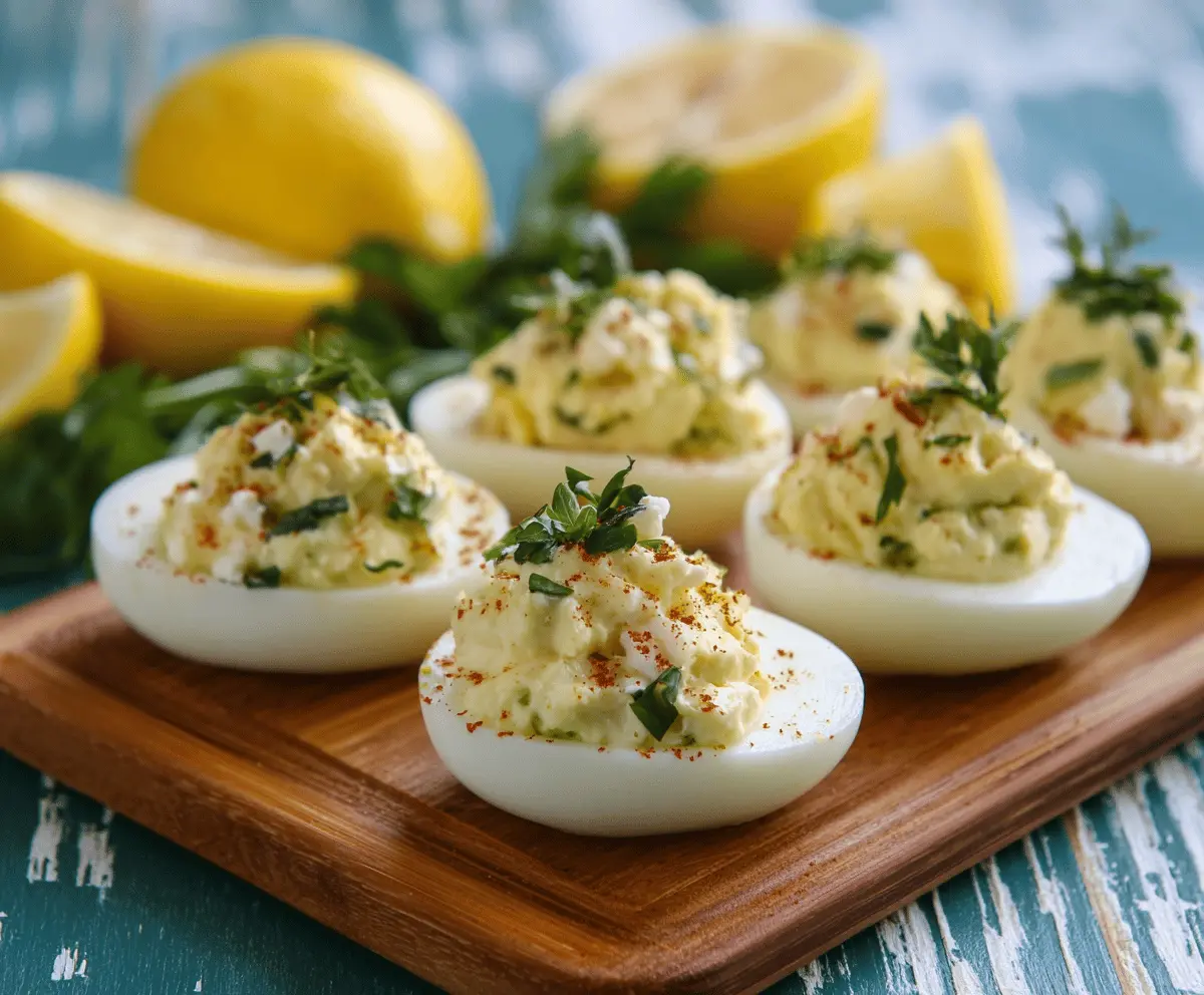 Delicious feta deviled eggs garnished with herbs on a white plate for a tasty appetizer