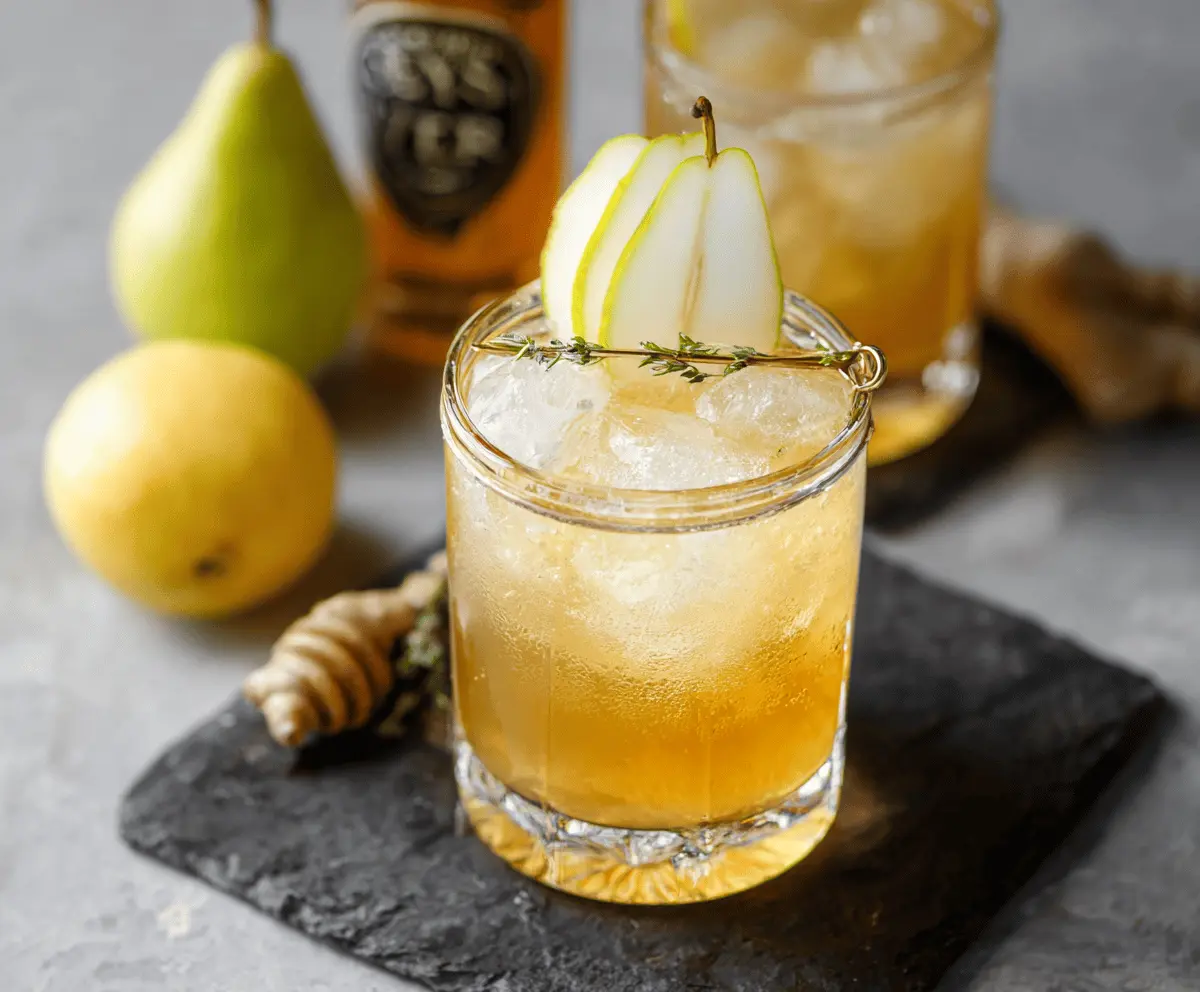 Delicious Ginger Pear Bourbon Cocktail garnished with fresh ginger and pear slices.